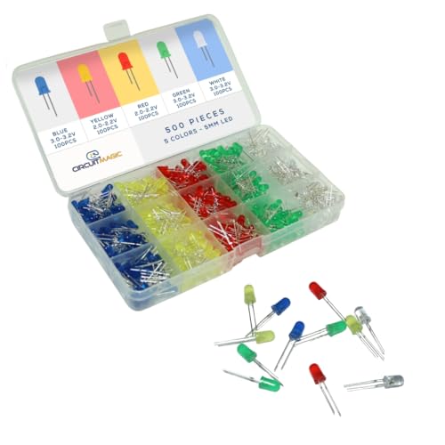 CircuitMagic LED Assorted Kit 500pcs - DIY 5mm LED Lights in Red, Yellow, Green, Blue, and White