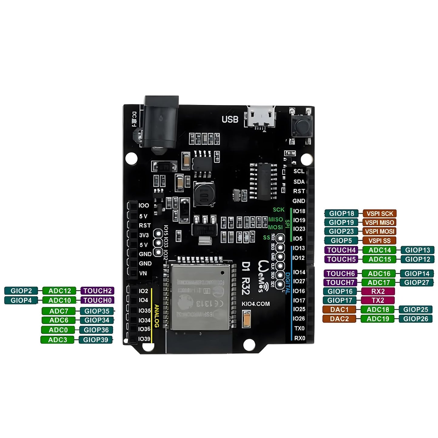 Esp32 Development Board UNO D1-4MB Flash UNO D1 R32 CH340G USB, Dual-core Processor, 240MHz, 520KB SRAM 3.2V Large Input Compatible with arduino