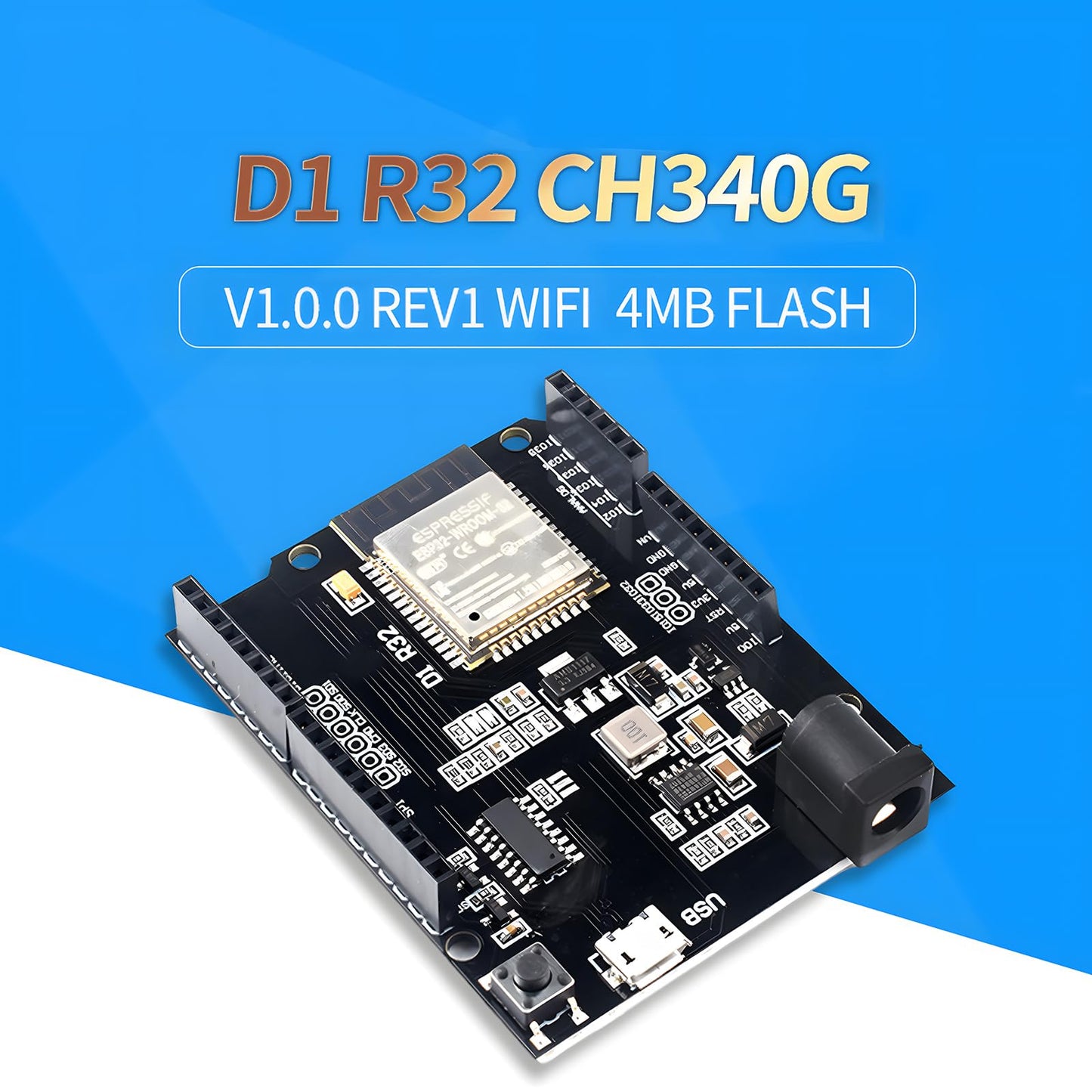 Esp32 Development Board UNO D1-4MB Flash UNO D1 R32 CH340G USB, Dual-core Processor, 240MHz, 520KB SRAM 3.2V Large Input Compatible with arduino