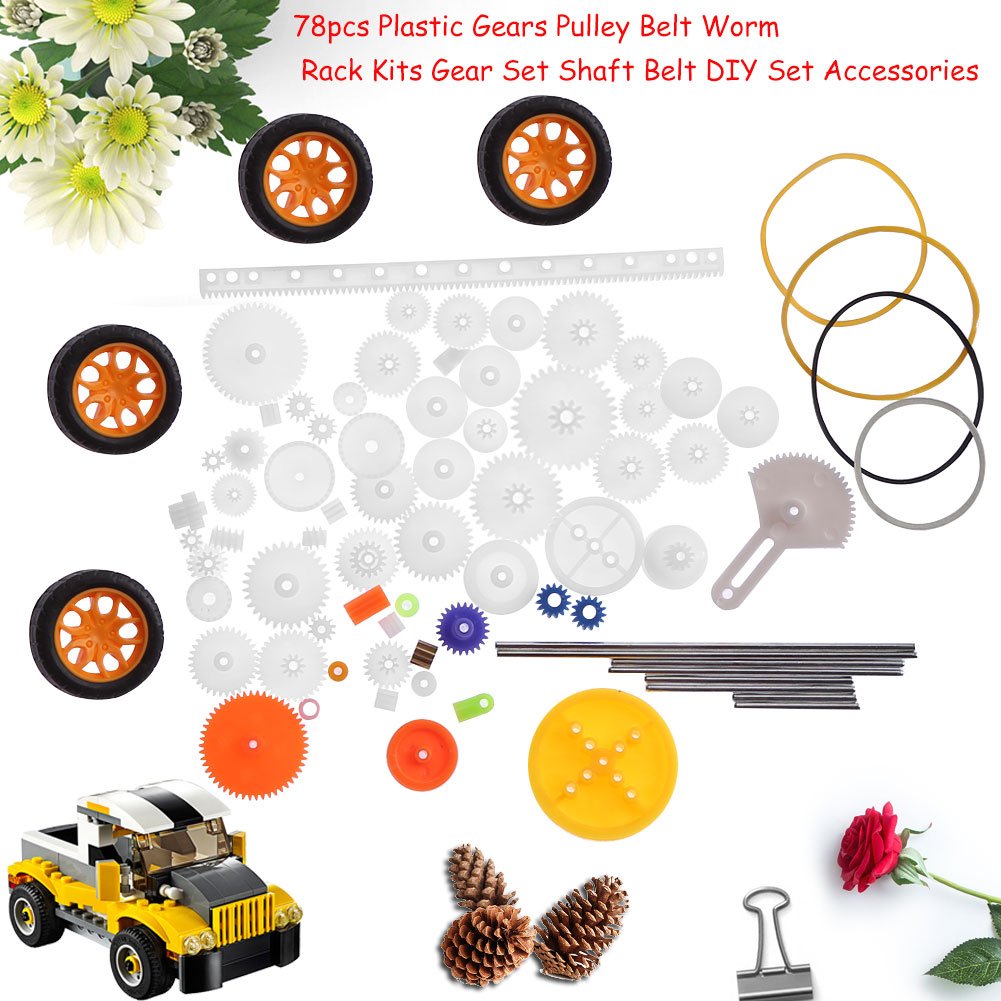 78Pcs Plastic Spindle Worm Gear Set Motor Gear Kits DIY Robot Gear Pulley Belt Assembly for Robot Toy Automobile Cars DIY Kit