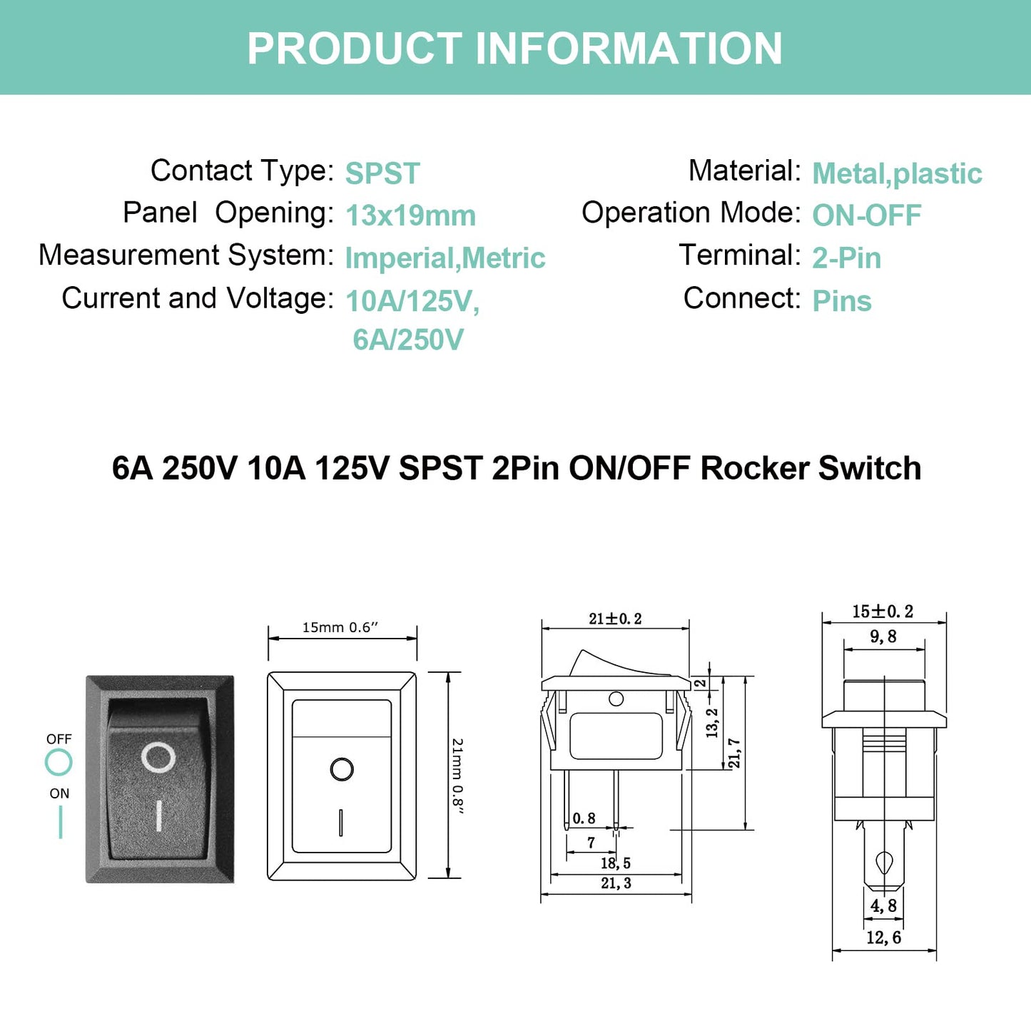 5Pcs On/Off Boat Rocker Switch 5Pcs 2 Pin Position Snap 12V 110V 250V QTEATAK