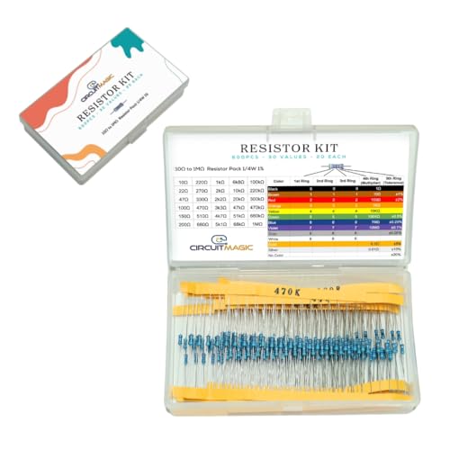 CircuitMagic Resistor Kit - 600pcs, 30 Values, 10 Ohm to 1M Ohm 1/4W, 1% Tolerance