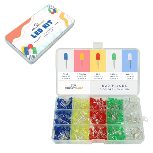 CircuitMagic LED Assorted Kit 500pcs - DIY 5mm LED Lights in Red, Yellow, Green, Blue, and White